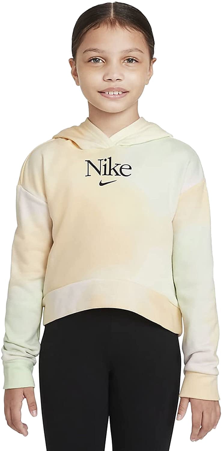 Nike Girls Sportswear French Terry Pullover Hoodie Large Light Lemon Twist/Black